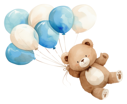 PNG  Teddy bear with blue balloons - Powered by Adobe