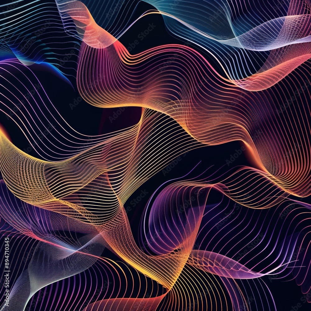 Poster colorful abstract wave patterns with glowing lines on a dark background, creating a mesmerizing and 