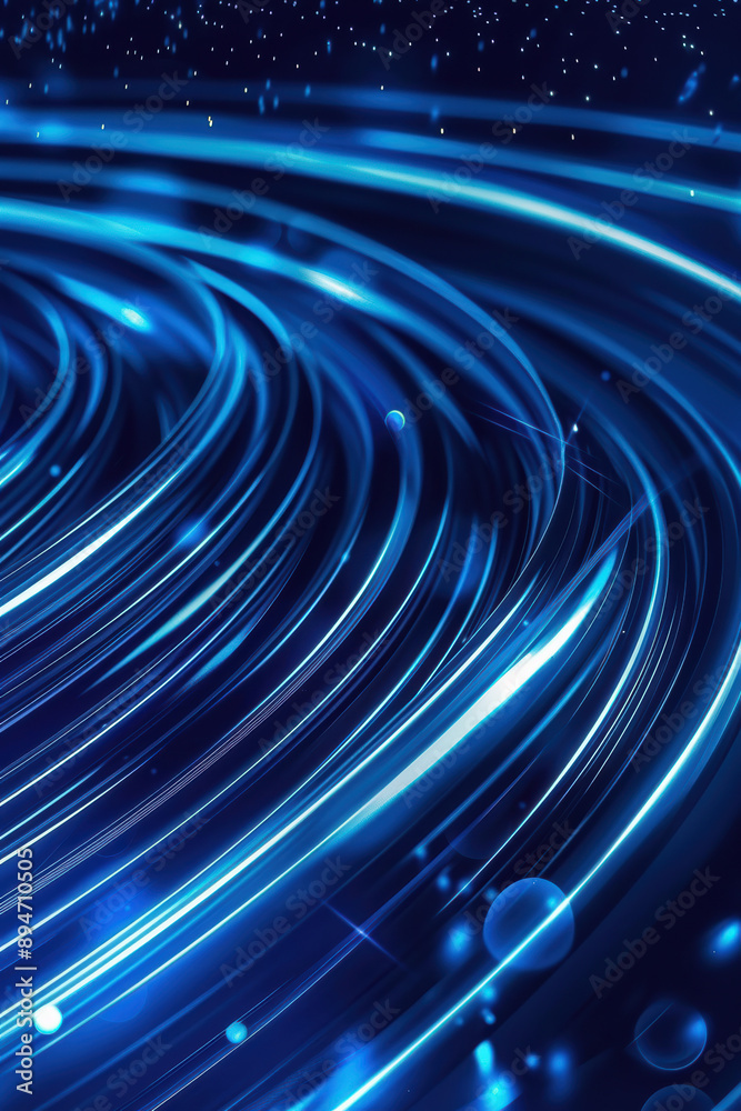Poster abstract blue light trails swirling in a dark space, creating a vortex effect with glowing particles