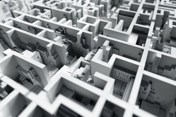 Obraz premium a top down view of a city with skycrapper but in a maze-like surreal architecture design