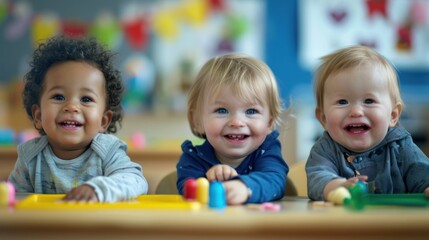 Obraz premium Three Happy Toddlers in a Classroom