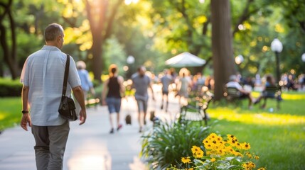 Individuals stroll through a sunlit park enjoying the lush greenery and flowers, capturing the essence of relaxation and connection with nature as they move through a serene, natural setting.