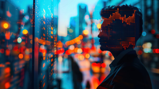Silhouette of man with financial data visualization overlay, cityscape with bokeh lights, symbolizes modern business and technology trends. - Powered by Adobe