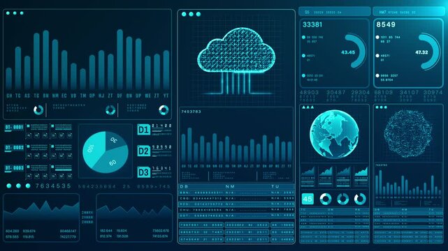 High-tech digital dashboard featuring data with charts, graphs, and cloud integration, Showcasing advanced analytics and global connectivity, Technology cloud computing background