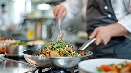 A chef is actively stir-frying a colorful mix of vegetables and meat in a hot pan, highlighting the sizzling action and the flavorful steam rising in a professional kitchen.