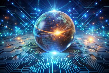 Fototapeta premium A futuristic, glowing, virtual metaverse universe sphere surrounded by swirling code lines and circuit boards, representing innovative digital transformation and next-gen tech.