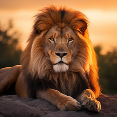 Fototapeta premium Majestic Lion Resting on Rock During Sunset