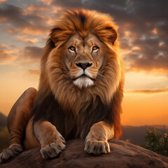 Obraz premium Majestic Lion Resting at Dusk with Scenic Backdrop