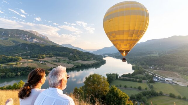 A couple watches a hot air balloon drift over a serene landscape featuring a river, fields, and mountains, capturing a peaceful and contemplative moment.