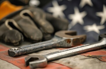Fototapeta premium Worn Tools on American Flag