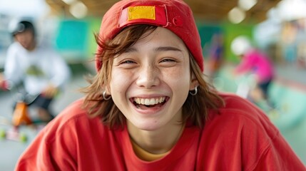 A Portrait Of A Young Asian Woman, Dancing Joyfully At A Skateboard Park