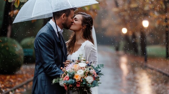 A couple shares a romantic kiss under an umbrella in the rain, with the bride holding a beautiful bouquet of flowers, symbolizing love, marriage, and new beginnings.