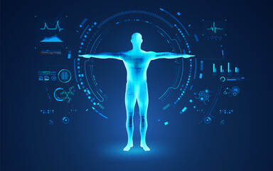 concept of medical healthcare technology, graphic of human body with analysis interface