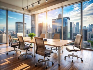 Modern office background with empty chairs and desk, blurred cityscape outside window, emphasizing teamwork and collaboration in a contemporary business setting.