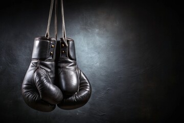 Professional black boxing gloves hang on a black background with a space to copy.
