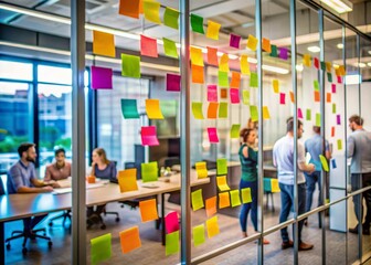 Colorful stickers scattered on a glass wall amidst a bustling startup environment, capturing the essence of collaborative brainstorming in a dynamic business project planning session.