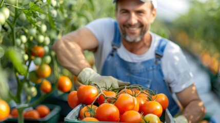 A cheerful farmer harvests bright red tomatoes under the sun in his thriving garden, showcasing the fulfillment that comes with nurturing and hard work on the farm.