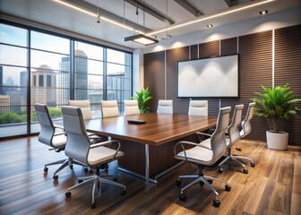 Modern corporate conference room with empty white screen display on wall, awaiting global video conferencing connection, surrounded by sleek office chairs and polished desk.