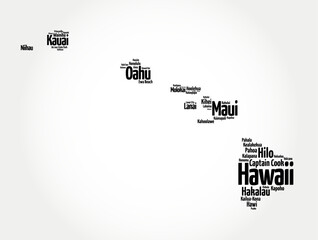 Hawaii - a U.S. state located in the central Pacific Ocean, comprised of a group of islands, word cloud text concept background