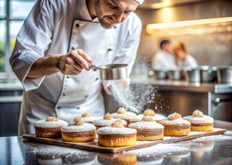Chef cooking desserts in professional kitchen. Chef cook in a professional kitchen cooking cakes. Close up a cakes sprinkled with icing sugar