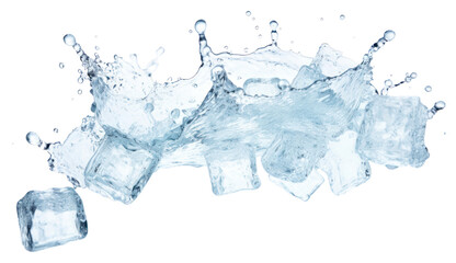 Refreshing ice cubes splashing water