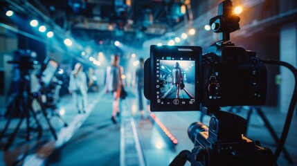 A camera captures a model walking down a runway during a fashion show. Bright lights illuminate the stage as the model struts down the catwalk.