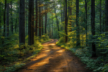 Obraz premium Serene forest path illuminated by dappled sunlight, surrounded by lush green trees and foliage, creating a peaceful atmosphere perfect for nature lovers.