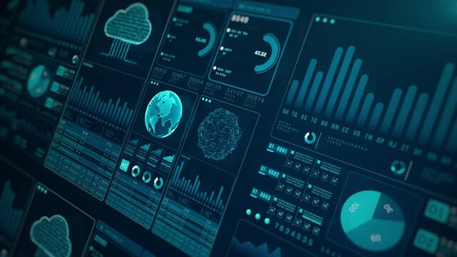 HUD Showcasing advanced analytics and global connectivity, High-tech digital dashboard featuring data with charts, graphs, and cloud integration, Technology cloud computing background