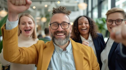 Obraz premium A group of diverse, smiling people cheering energetically in a bright and modern office setting, capturing the essence of team spirit, camaraderie, and a positive workplace atmosphere.