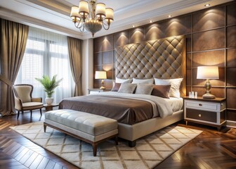 Elegant master bedroom featuring white and brown walls, tiled floor, and a comfortable king-size bed with plush linens and stylish accessories, viewed from the side.