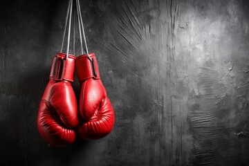 Professional red boxing gloves hang on a black background with a space to copy.