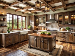 Rustic English frame kitchen cabinets in a country house style, surrounded by dark wooden accents, exude warmth and coziness in this charming cottage interior design. © Sirinporn