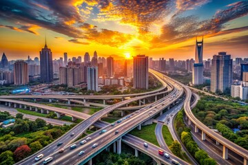 Fototapeta premium Aerial view of a bustling metropolis featuring a network of highways, elevated roads, and skyscrapers set against a vibrant urban landscape at sunset.