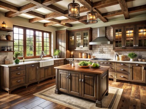 Rustic English frame kitchen cabinets in a country house style, surrounded by dark wooden accents, exude warmth and coziness in this charming cottage interior design.