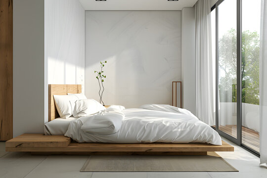 Modern minimalist bedroom interior design with wooden bed frame, large windows, and white decor in a sunlit room ideal for customization and personalization