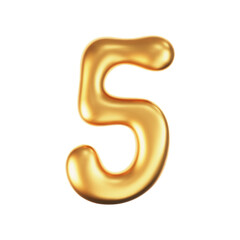 3d gold liquid number 5 in y2k style isolated on a white background. Render of 3d golden inflated figures with glossy effect. 3d vector y2k typography digit