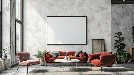 Chic living room setup featuring comfortable furniture and a blank canvas frame on a white textured wall