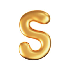 3d gold liquid letter S in y2k style isolated on a white background. Render of 3d golden inflated bubble alphabet with glossy effect. 3d vector y2k typography letter