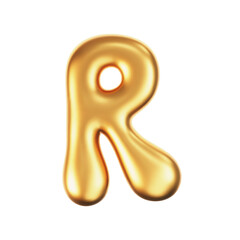 3d gold liquid letter R in y2k style isolated on a white background. Render of 3d golden inflated bubble alphabet with glossy effect. 3d vector y2k typography letter