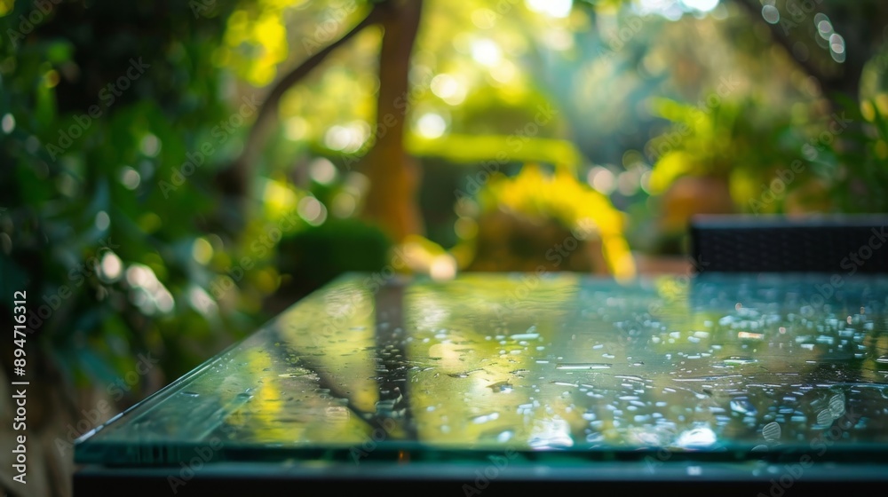 Poster a wet glass table sits in a garden with a blurred background of green trees and foliage.