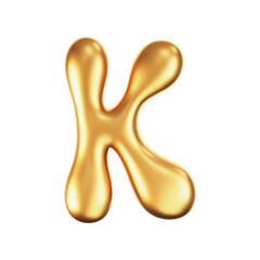 3d gold liquid letter K in y2k style isolated on a white background. Render of 3d golden inflated bubble alphabet with glossy effect. 3d vector y2k typography letter