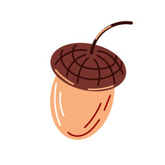 Acorn icon in flat style. Oak tree fruit. Autumn design for logo, print, card, emblem, label. Vector illustration isolated on a white background.