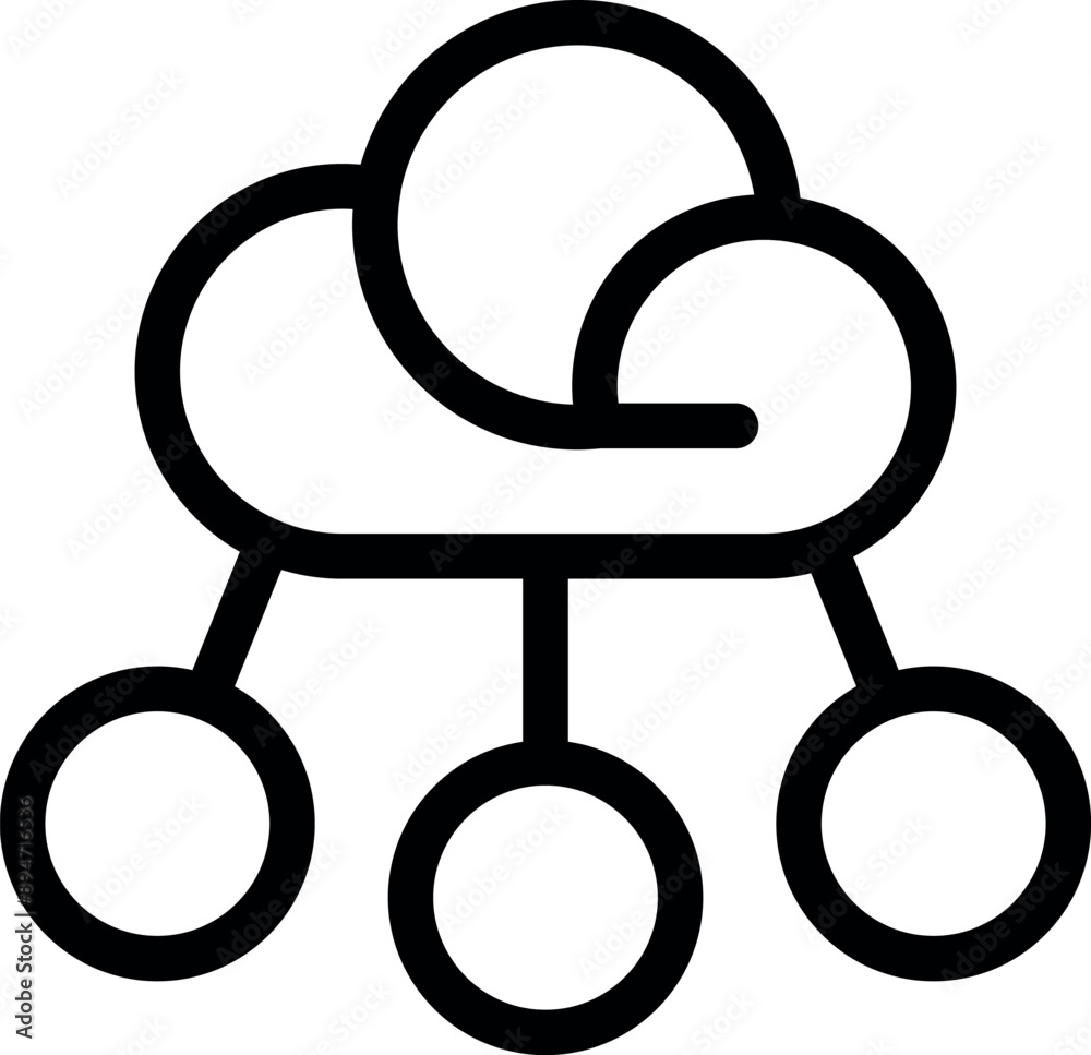Poster line art icon of cloud computing distributing data to multiple devices
