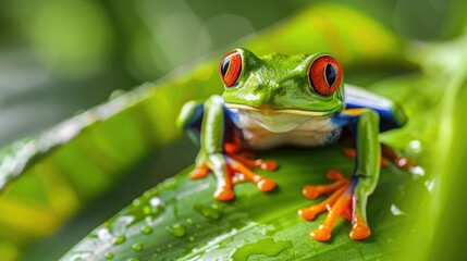 Naklejka premium Close-up of a frog sitting on a green leaf, showcasing its vibrant colors and natural habitat