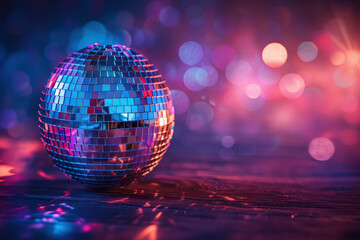 Fototapeta premium Close-up of a disco ball reflecting colorful lights in a vibrant, sparkling atmosphere. Ideal for party, dance, or festive themed designs.