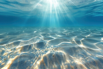 Sunlight pierces through the crystal-clear underwater view, highlighting the rippled sandy ocean floor and creating a serene, mesmerizing aquatic scene.