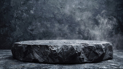 Mystical smoky stone slab against a dark rocky background, evoking a sense of ancient times and natural strength.