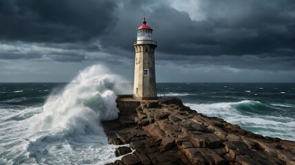 Obraz premium Lighthouse in the stormy seaside, stormy ,the lighthouse beam shining far. The lighthouse as a symbol of hope.