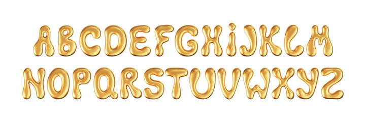 3d gold liquid font in y2k style isolated on a white background. Render of 3d golden inflated alphabet with shine glossy effect. 3d vector y2k typography letter