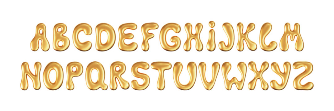 3d gold liquid font in y2k style isolated on a white background. Render of 3d golden inflated alphabet with shine glossy effect. 3d vector y2k typography letter